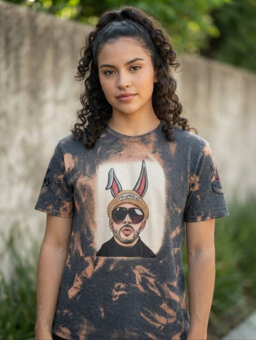Bad Bunny Unisex Graphic T-shirt Size M Acid Wash Gildan Lightweight Stretch